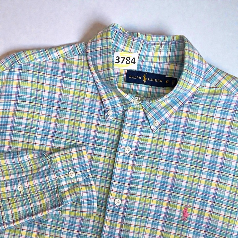 Ralph Lauren Shirt Mens XL Green Blue Plaid Regular Fit Button Down Oxford